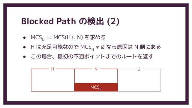 Blocked Path の検出 (2)
● MCS
N
:= MCS(H ∪ N) を求める
● H は充足可能なので MCS
N
≠ ∅ なら原因は N 側にある
● この場合、最初の不通ポイントまでのルートを返す
MCS
N
H N U
