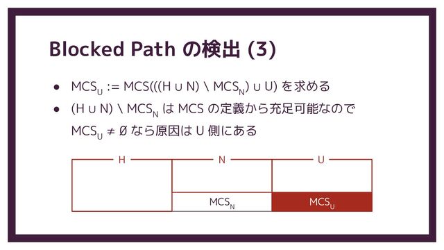 MCS
N
Blocked Path の検出 (3)
● MCS
U
:= MCS(((H ∪ N) \ MCS
N
) ∪ U) を求める
● (H ∪ N) \ MCS
N
は MCS の定義から充足可能なので
MCS
U
≠ ∅ なら原因は U 側にある
MCS
U
H N U
