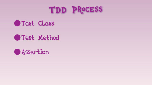 TDD Process
•Test Class
•Test Method
•Assertion
