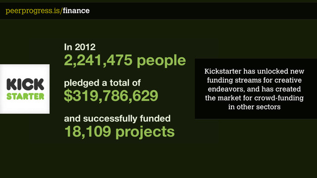 peerprogress.is/finance
Kickstarter has unlocked new
funding streams for creative
endeavors, and has created
the market for crowd-funding
in other sectors
