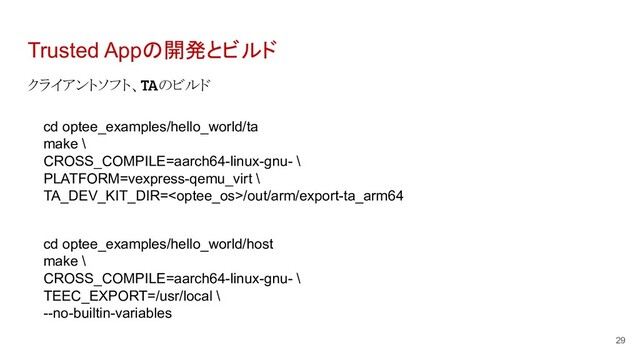 Trusted Appの開発とビルド
クライアントソフト、TAのビルド
29
cd optee_examples/hello_world/ta
make \
CROSS_COMPILE=aarch64-linux-gnu- \
PLATFORM=vexpress-qemu_virt \
TA_DEV_KIT_DIR=/out/arm/export-ta_arm64
cd optee_examples/hello_world/host
make \
CROSS_COMPILE=aarch64-linux-gnu- \
TEEC_EXPORT=/usr/local \
--no-builtin-variables
