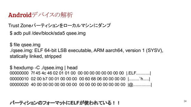 Androidデバイスの解析
34
Trust Zoneパーティションをローカルマシンにダンプ
$ adb pull /dev/block/sda5 qsee.img
$ file qsee.img
./qsee.img: ELF 64-bit LSB executable, ARM aarch64, version 1 (SYSV),
statically linked, stripped
$ hexdump -C ./qsee.img | head
00000000 7f 45 4c 46 02 01 01 00 00 00 00 00 00 00 00 00 |.ELF............|
00000010 02 00 b7 00 01 00 00 00 00 60 68 06 00 00 00 00 |.........`h.....|
00000020 40 00 00 00 00 00 00 00 00 00 00 00 00 00 00 00 |@...............|
パーティションのフォーマットにELFが使われている！！
