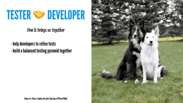 TESTER
!
DEVELOPER
How it brings us together
- help developers to refine tests
- build a balanced testing pyramid together
Image src: https://giphy.com/gifs/dog-hug-sX755wvr2Q6gE
