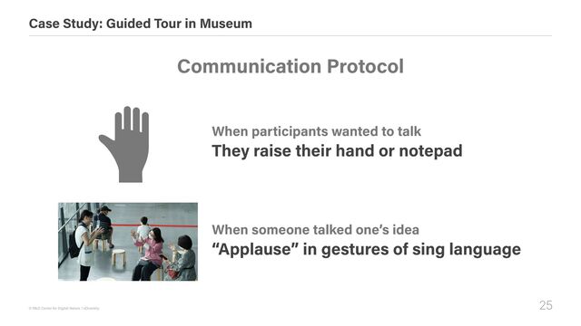 25
© R&D Center for Digital Nature / xDiversity
Case Study: Guided Tour in Museum
When participants wanted to talk
They raise their hand or notepad
Communication Protocol
When someone talked one’s idea
“Applause” in gestures of sing language
