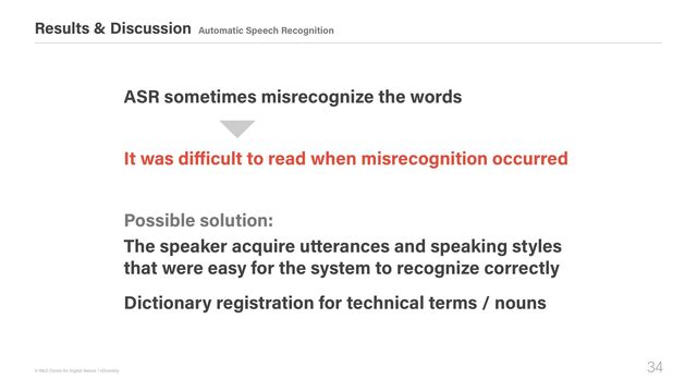 34
© R&D Center for Digital Nature / xDiversity
Results & Discussion Automatic Speech Recognition
ASR sometimes misrecognize the words
Possible solution:
The speaker acquire utterances and speaking styles

that were easy for the system to recognize correctly
Dictionary registration for technical terms / nouns
It was difficult to read when misrecognition occurred
