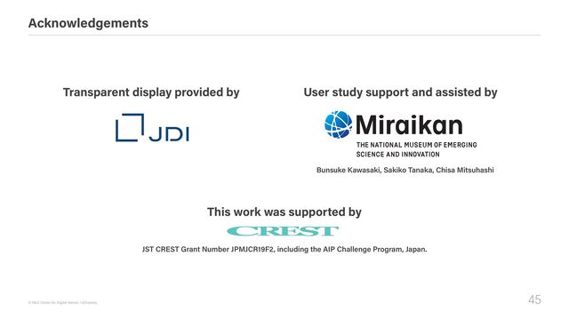 45
© R&D Center for Digital Nature / xDiversity
Acknowledgements
JST CREST Grant Number JPMJCR19F2, including the AIP Challenge Program, Japan.
Transparent display provided by User study support and assisted by
This work was supported by
Bunsuke Kawasaki, Sakiko Tanaka, Chisa Mitsuhashi

