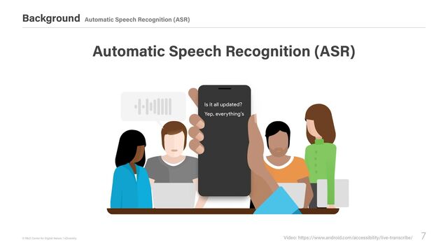 7
© R&D Center for Digital Nature / xDiversity
Background Automatic Speech Recognition (ASR)
Video: https://www.android.com/accessibility/live-transcribe/
Automatic Speech Recognition (ASR)

