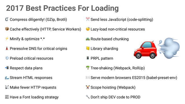 2017 Best Practices For Loading
 Compress diligently! (GZip, Brotli)
 Cache effectively (HTTP, Service Workers)
⚡ Minify & optimize *.*
 Preresolve DNS for critical origins
 Preload critical resources
 Respect data plans
 Stream HTML responses
 Make fewer HTTP requests
 Have a Font loading strategy
✂ Send less JavaScript (code-splitting)
 Lazy-load non-critical resources
 Route-based chunking
 Library sharding
 PRPL pattern
 Tree-shaking (Webpack, RollUp)
 Serve modern browsers ES2015 (babel-preset-env)
1 Scope hoisting (Webpack)
 Don’t ship DEV code to PROD

