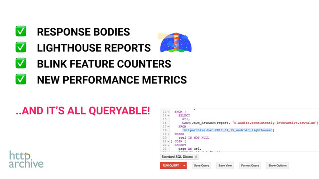 ✅ RESPONSE BODIES
✅ LIGHTHOUSE REPORTS
✅ BLINK FEATURE COUNTERS
✅ NEW PERFORMANCE METRICS
..AND IT’S ALL QUERYABLE!
