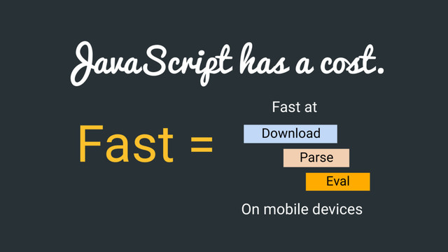 JavaScript has a cost.
Fast = Fast at
Parse
Eval
Download
On mobile devices
