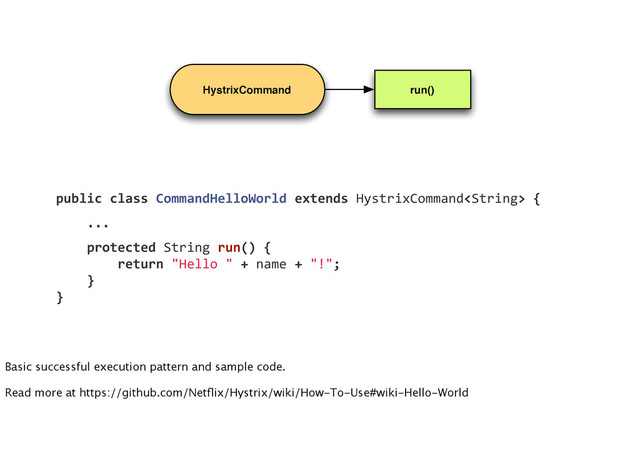 HystrixCommand run()
public	  class	  CommandHelloWorld	  extends	  HystrixCommand	  {
	  	  	  	  ...
	  	  	  	  protected	  String	  run()	  {
	  	  	  	  	  	  	  	  return	  "Hello	  "	  +	  name	  +	  "!";
	  	  	  	  }
}
Basic successful execution pattern and sample code.
Read more at https://github.com/Netﬂix/Hystrix/wiki/How-To-Use#wiki-Hello-World
