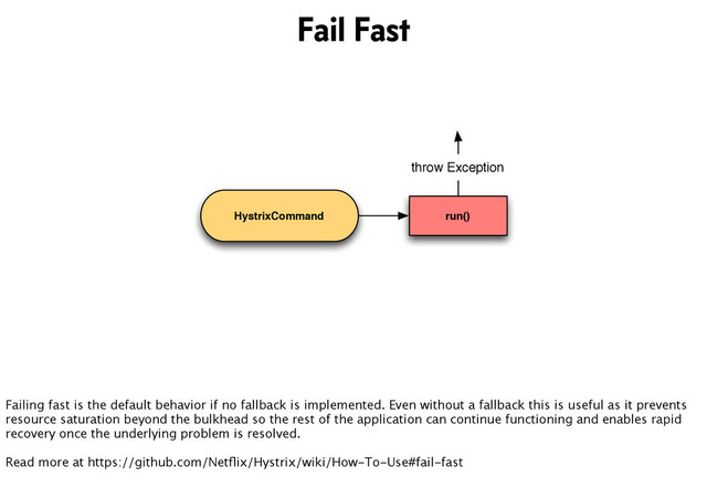 HystrixCommand run()
throw Exception
Fail Fast
Failing fast is the default behavior if no fallback is implemented. Even without a fallback this is useful as it prevents
resource saturation beyond the bulkhead so the rest of the application can continue functioning and enables rapid
recovery once the underlying problem is resolved.
Read more at https://github.com/Netﬂix/Hystrix/wiki/How-To-Use#fail-fast

