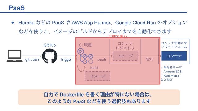 PaaS
● Heroku などの PaaS や AWS App Runner、Google Cloud Run のオプション
などを使うと、イメージのビルドからデプロイまでを自動化できます
自力で Dockerfile を書く理由が特にない場合は、
このような PaaS などを使う選択肢もあります
git push trigger
build
CI 環境
GitHub コンテナ
レジストリ
コンテナを動かす
プラットフォーム
コンテナ
push 実行
・単なるサーバ
・Amazon ECS
・Kubernetes
などなど
イメージ
イメージ
自動で実行

