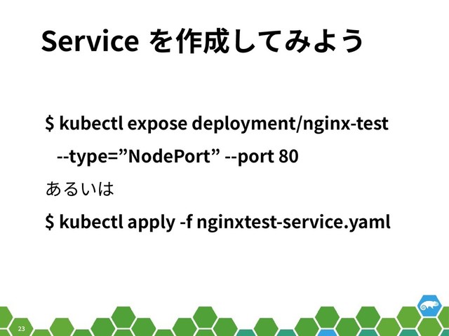 23
Service を作成してみよう
$ kubectl expose deployment/nginx-test
--type=”NodePort” --port 80
あるいは
$ kubectl apply -f nginxtest-service.yaml
