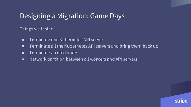 Designing a Migration: Game Days
Things we tested
● Terminate one Kubernetes API server
● Terminate all the Kubernetes API servers and bring them back up
● Terminate an etcd node
● Network partition between all workers and API servers

