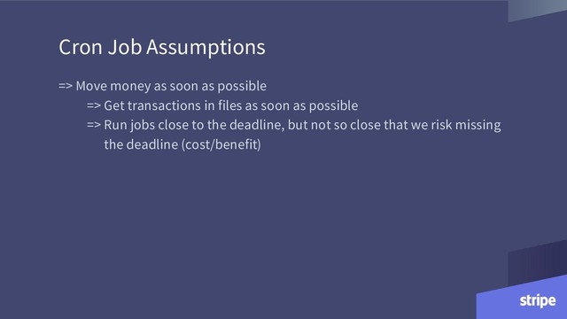 Cron Job Assumptions
=> Move money as soon as possible
=> Get transactions in files as soon as possible
=> Run jobs close to the deadline, but not so close that we risk missing
the deadline (cost/benefit)
