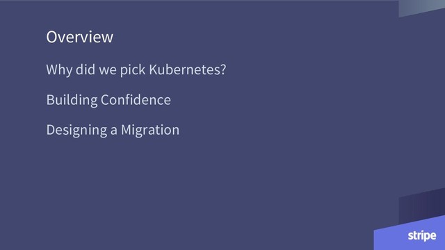 Overview
Why did we pick Kubernetes?
Building Confidence
Designing a Migration
