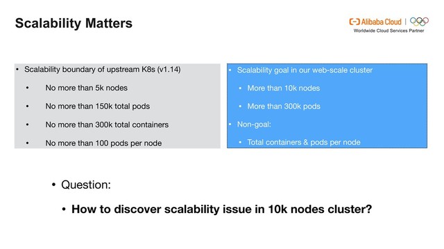 Scalability Matters
• Scalability goal in our web-scale cluster

• More than 10k nodes

• More than 300k pods

• Non-goal: 

• Total containers & pods per node
• Scalability boundary of upstream K8s (v1.14)

• No more than 5k nodes

• No more than 150k total pods

• No more than 300k total containers

• No more than 100 pods per node
• Question:

• How to discover scalability issue in 10k nodes cluster?
