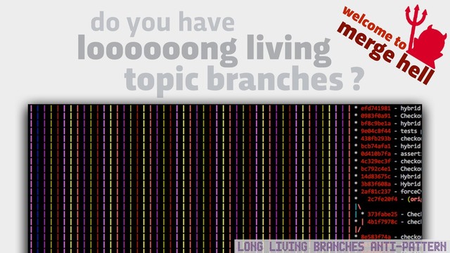 LONG LIVING BRANCHES ANTI-PATTERN
do you have
loooooong living
topic branches ?
welcome to
merge hell
LONG LIVING BRANCHES ANTI-PATTERN
