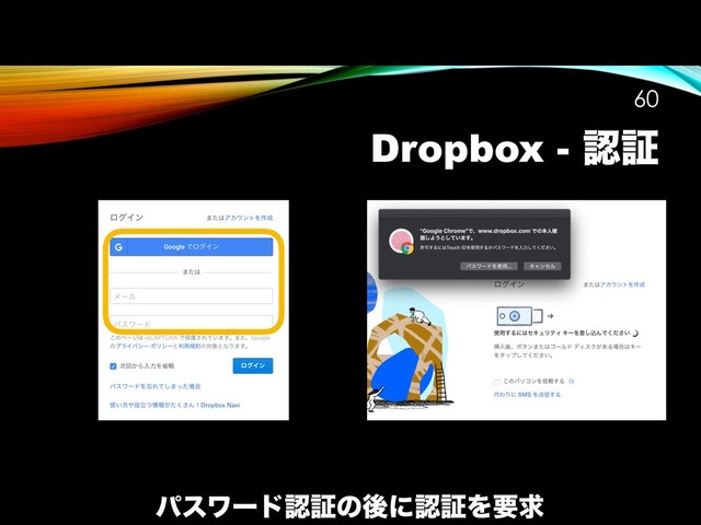 Dropbox - ೝূ
!60
ύεϫʔυೝূͷޙʹೝূΛཁٻ
