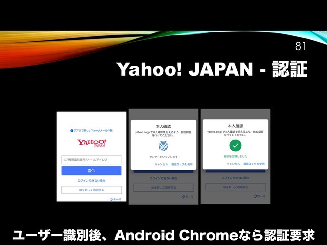 Yahoo! JAPAN - ೝূ
!81
Ϣʔβʔࣝผޙɺ"OESPJE$ISPNFͳΒೝূཁٻ
