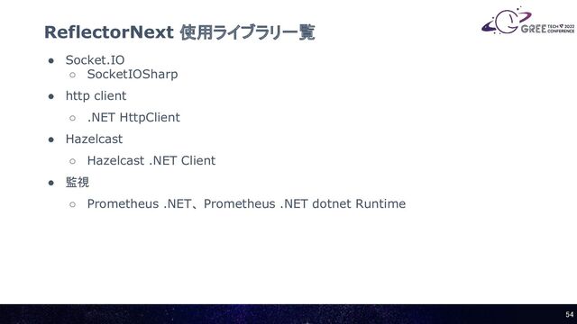 ● Socket.IO
○ SocketIOSharp
● http client
○ .NET HttpClient
● Hazelcast
○ Hazelcast .NET Client
● 監視
○ Prometheus .NET、 Prometheus .NET dotnet Runtime
ReflectorNext 使用ライブラリ一覧
54 

