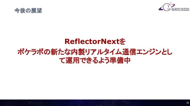 今後の展望
76 
ReflectorNextを
ポケラボの新たな内製リアルタイム通信エンジンとし
て運用できるよう準備中
