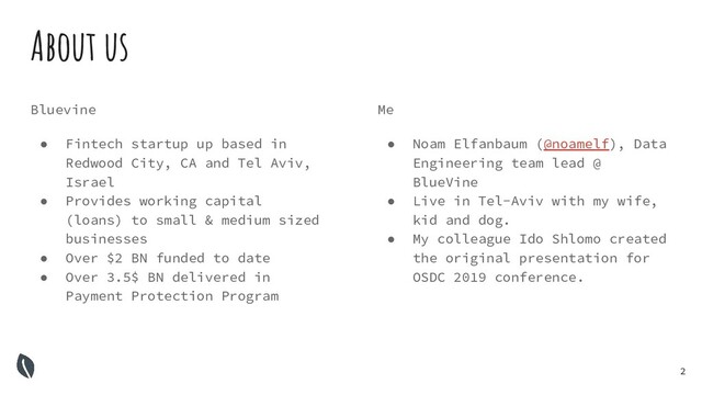2
About us
Bluevine
● Fintech startup up based in
Redwood City, CA and Tel Aviv,
Israel
● Provides working capital
(loans) to small & medium sized
businesses
● Over $2 BN funded to date
● Over 3.5$ BN delivered in
Payment Protection Program
Me
● Noam Elfanbaum (@noamelf), Data
Engineering team lead @
BlueVine
● Live in Tel-Aviv with my wife,
kid and dog.
● My colleague Ido Shlomo created
the original presentation for
OSDC 2019 conference.
