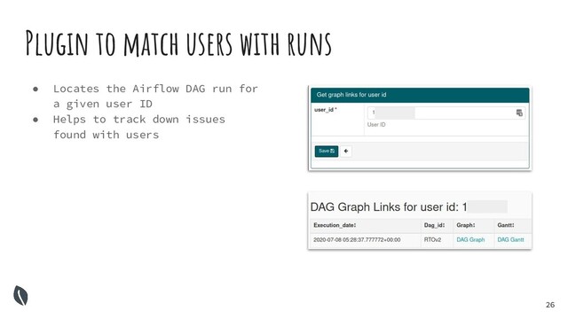 26
Plugin to match users with runs
● Locates the Airflow DAG run for
a given user ID
● Helps to track down issues
found with users
