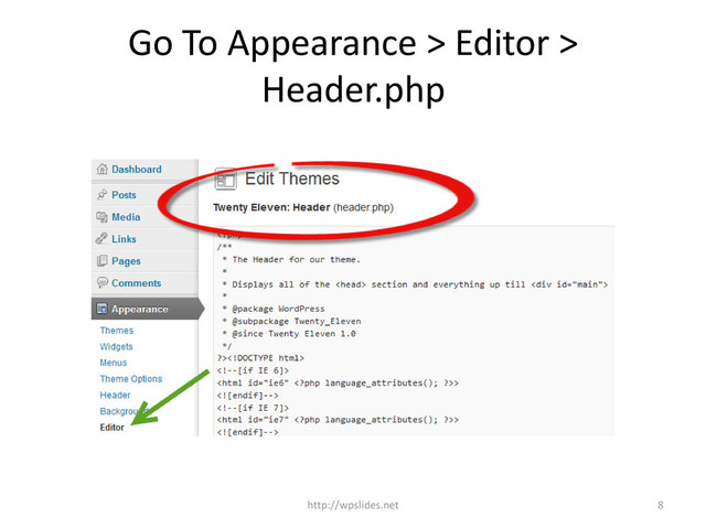 Go To Appearance > Editor >
Header.php
8
http://wpslides.net
