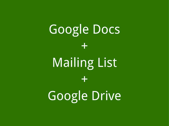 Google Docs
+
Mailing List
+
Google Drive
