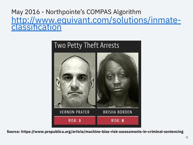 Source: https://www.propublica.org/article/machine-bias-risk-assessments-in-criminal-sentencing
May 2016 - Northpointe’s COMPAS Algorithm
http://www.equivant.com/solutions/inmate-
classiﬁcation
12
