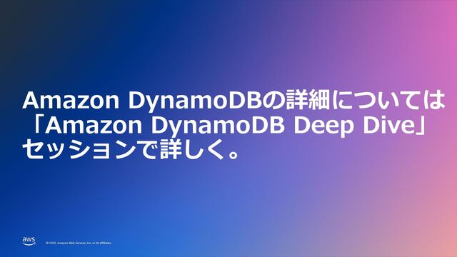 AWSにおけるマイクロサービスとNOSQLの活⽤
© 2023, Amazon Web Services, Inc. or its affiliates.
© 2023, Amazon Web Services, Inc. or its affiliates.
Amazon DynamoDBの詳細については
「Amazon DynamoDB Deep Dive」
セッションで詳しく。
