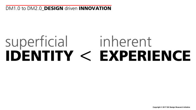 Copyright © 2017 GK Design Research Initiative
superficial
IDENTITY
inherent
EXPERIENCE
<
DM1.0 to DM2.0_DESIGN driven INNOVATION
