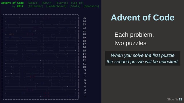 Slide № 13
Advent of Code
Each problem,
two puzzles
When you solve the first puzzle
the second puzzle will be unlocked.
