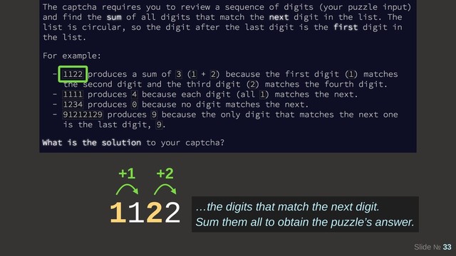 Slide № 33
1122
+1 +2
…the digits that match the next digit.
Sum them all to obtain the puzzle’s answer.
