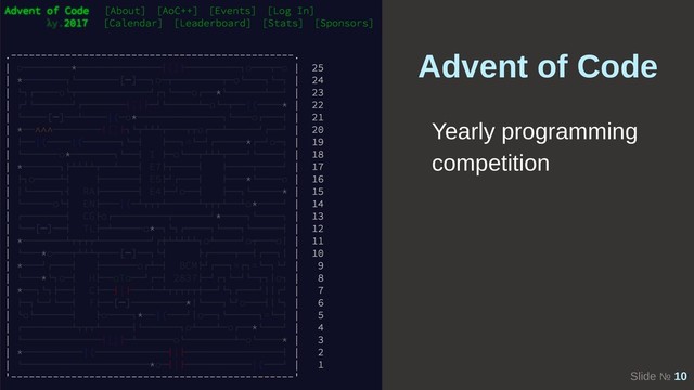 Slide № 10
Advent of Code
Yearly programming
competition
