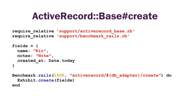 ActiveRecord::Base#create
require_relative 'support/activerecord_base.rb'
require_relative 'support/benchmark_rails.rb'
fields = {
name: "Kir",
notes: "Note",
created_at: Date.today
}
Benchmark.rails(1000, "activerecord/#{db_adapter}/create") do
Exhibit.create(fields)
end
