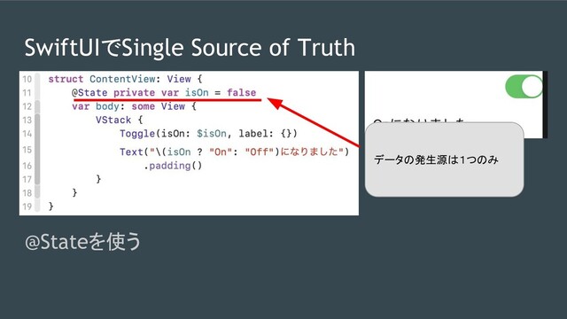 SwiftUIでSingle Source of Truth
@Stateを使う
データの発生源は１つのみ
