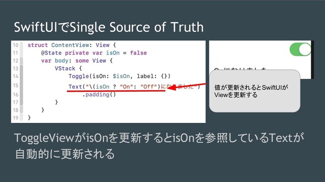 SwiftUIでSingle Source of Truth
ToggleViewがisOnを更新するとisOnを参照しているTextが
自動的に更新される
値が更新されるとSwiftUIが
Viewを更新する
