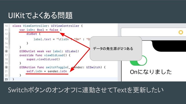 UIKitでよくある問題
Switchボタンのオンオフに連動させてTextを更新したい
データの発生源が２つある
