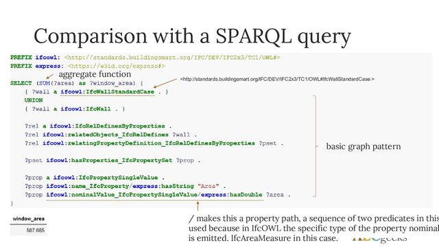 Comparison with a SPARQL query

basic graph pattern
aggregate function
/ makes this a property path, a sequence of two predicates in this
used because in IfcOWL the specific type of the property nominal
is emitted. IfcAreaMeasure in this case.
