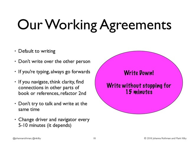 © 2018 Johanna Rothman and Mark Kilby
@johannarothman, @mkilby
Our Working Agreements
• Default to writing
• Don’t write over the other person
• If you’re typing, always go forwards
• If you navigate, think clarity, ﬁnd
connections in other parts of
book or references, refactor 2nd
• Don’t try to talk and write at the
same time
• Change driver and navigator every
5-10 minutes (it depends)
18
