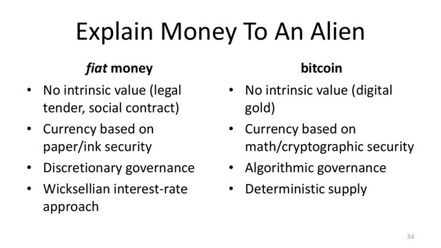 Explain Money To An Alien
fiat money
• No intrinsic value (legal
tender, social contract)
• Currency based on
paper/ink security
• Discretionary governance
• Wicksellian interest-rate
approach
bitcoin
• No intrinsic value (digital
gold)
• Currency based on
math/cryptographic security
• Algorithmic governance
• Deterministic supply
34
