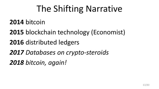 The Shifting Narrative
2014 bitcoin
2015 blockchain technology (Economist)
2016 distributed ledgers
2017 Databases on crypto-steroids
2018 bitcoin, again!
63/80
