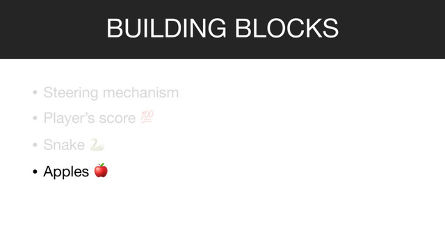 BUILDING BLOCKS
• Steering mechanism

• Player’s score 

• Snake 

• Apples 
