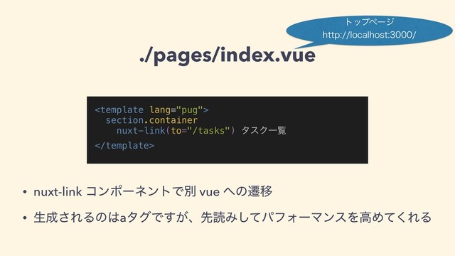 ./pages/index.vue

section.container
nuxt-link(to="/tasks") λεΫҰཡ

τοϓϖʔδ
IUUQMPDBMIPTU
• nuxt-link ίϯϙʔωϯτͰผ vue ΁ͷભҠ
• ੜ੒͞ΕΔͷ͸aλάͰ͕͢ɺઌಡΈͯ͠ύϑΥʔϚϯεΛߴΊͯ͘ΕΔ
