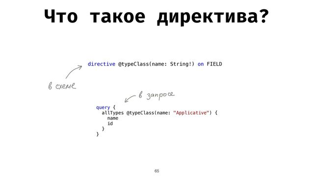 Что такое директива?
65
directive @typeClass(name: String!) on FIELD
query {


allTypes @typeClass(name: "Applicative") {


name


id


}


}
