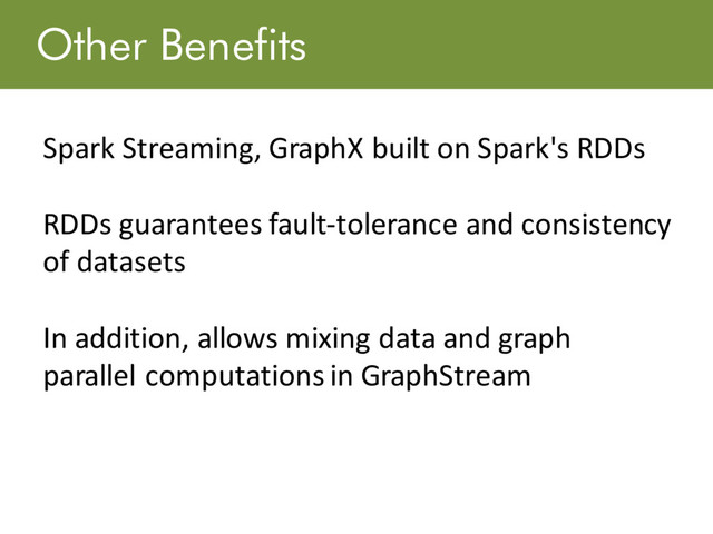 Other Benefits
Spark Streaming, GraphX built on Spark's RDDs
RDDs guarantees fault-tolerance and consistency
of datasets
In addition, allows mixing data and graph
parallel computations in GraphStream
