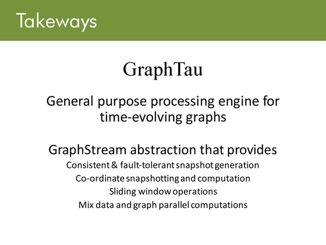 Takeways
GraphTau
General purpose processing engine for
time-evolving graphs
GraphStream abstraction that provides
Consistent & fault-tolerant snapshot generation
Co-ordinate snapshotting and computation
Sliding window operations
Mix data and graph parallel computations
